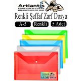 Artlantis A5 Çıtçıtlı Dosya Şeffaf Renkli Zarf Dosya 5 Renk 17X22 cm Çıt Çıtlı Dosya Su Geçirmez 50 Yaprak Kapasiteli - Çok Renkli