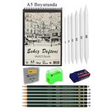 Artlantis A5 Eskiz Defteri Spralli 50 Yaprak Karakalem Çizim Seti Gölgelendirme Kalemi Hamur Silgi Fatih Derec