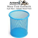 Artlantis Açık Mavi Silindir Masa Üstü Kalemlik 1 Adet Metal Fileli Renkli Perforeli Yuvarlak Kalemlik Ofis Büro Okul - Standart - 9x10cm