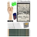 Artlantis Ahşap El Modeli 18 Cm Ve A5 Eskiz Defteri Modelleme Seti 1 Paket Dereceli Kalem Karakalem Dağıtma Hamur Silgi Kalemtraş Çok Renkli