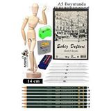 Artlantis Ahşap İnsan Modeli 14 Cm A5 15x21cm Eskiz Defteri Dereceli Karakalem Seti Dağıtma Kalemi Hamur Silgi Kalemtraş Çok Renkli