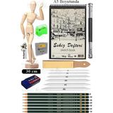 Artlantis Ahşap Insan Modeli 30 cm A5 Eskiz Defteri Dereceli Karakalem Seti Dağıtma Kalemi Zımpara Kalem Uzatma Aparat Hamur Silgi - Standart - Naturel