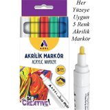 Artlantis Akrilik Markör Seti 5 Renk 1 Paket 2 mm Yuvarlak Uçlu Akrilik Marker Keçe Uçlu Seramik Ahşap Kumaş Tuval Taş Her Yüzeye - Çok Renkli - Standart