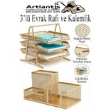 Artlantis Altın Sarı Metal Evrak Rafı 3 lü ve Masaüstü Kalemlik 1 Paket Masaüstü A4 Dosya 3 Katlı Düzenleyici