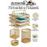 Artlantis Altın Sarı Metal Evrak Rafı 3 lü ve Masaüstü Kalemlik 3 lü 1 Paket Masaüstü A4 Dosya 3 Katlı Düzenle