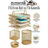 Artlantis Altın Sarı Metal Evrak Rafı 3 Lü ve Masaüstü Kalemlik 3 Lü 1 Paket Masaüstü A4 Dosya 3 Katlı Düzenleyici Kağıt Tepsisi - Altın - Sarı - Standart