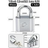 Artlantis Asma Kilit 40 mm 1 Adet Dark Plus Paslanmaz Çelik Asma Kilit Dayanıklı Yedek Anahtarlı Zincir Kilidi Kapı Bahçe Kilidi - Gri - 40mm - Standart
