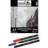 Artlantis Aydınger Kağıdı A3 83 gr 25'li 1 Paket Eskiz Kağıdı Lineplus Asetat Kalemi S 0.3 Siyah Kırmızı Mavi - Krem - Standart