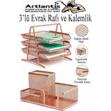Artlantis Bakır Yaldız Metal Evrak Rafı 3 Lü ve Masaüstü Kalemlik 1 Paket Masaüstü A4 Dosya 3 Katlı Düzenleyici Kağıt Tepsi Metal - Standart