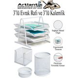 Artlantis Beyaz Metal Evrak Rafı 3 Lü ve Masaüstü Kalemlik 3 Lü 1 Paket Masaüstü A4 Dosya 3 Katlı Düzenleyici Kağıt Tepsisi - Standart