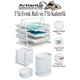 Artlantis Beyaz Metal Evrak Rafı 3 lü ve Masaüstü Kalemlik 3 lü 1 Paket Masaüstü A4 Dosya 3 Katlı Düzenleyici