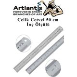 Artlantis Çelik Cetvel 50 cm Inç Ölçülü 1 Adet Paslanmaz Çelik Metal Çetvel 50 Santimetre - Gri - Standart
