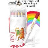Artlantis Çevirmeli Jel Mum Boya 12 Renk 1 Adet Plastik Kutulu 12 li Mum Boya Kalemi Silinebilir Zararsız Yıkanabilir