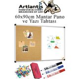 Artlantis Çift Fonksiyonlu Yazı Tahtası ve Mantar Pano 60X90 cm 1 Adet Alüminyum Çerçeveli Yazı Tahta Kalemi ve Silgisi Harita Çivisi - Beyaz - Standart - 60x90cm