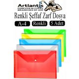 Artlantis Çıtçıtlı Dosya A4 Şeffaf Renkli Zarf Dosya 5 Renk Çıt Çıtlı Dosya Su Geçirmez 100 Yaprak Kapasite Okul Ofis - Çok Renkli - 24x34 cm