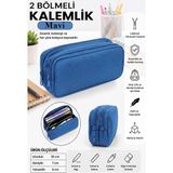 Artlantis Düz Renk Bez Kalemlik 1 Adet Stilo KL22 Iki Bölmeli Fermuarlı Bez Kalemlik Kutusu Çocuk Okul Kalem Makyaj Kutusu - Mavi