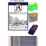 Artlantis Eskiz Defteri A3 50 Yaprak Karakalem Çizim Seti Hamur Silgi Faber Castell Dereceli Kalem Hobi Tasarım Seti - Beyaz - Standart