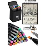 Artlantis Eskiz Defteri A4 50 Yaprak 100 gr 1 Adet 24 Renk Çift Taraflı Marker Kalem 24 Adet Touch Çift Uçlu - Renkli - Standart