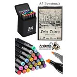 Artlantis Eskiz Defteri A5 50 Yaprak 100 gr 1 Adet 24 Renk Çift Taraflı Marker Kalem 24 Adet Touch Çift Uçlu