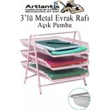Artlantis Evrak Rafı Metal 3 lü Pembe 1 Paket Masaüstü A4 Dosya Düzenleyici Kağıt Tepsisi Metal Çelik Fileli Dört Katlı Hareketli