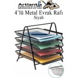 Artlantis Evrak Rafı Metal 4 Lü 1 Paket Masa Üstü A4 Dosya Düzenleyici Kağıt Tepsisi Metal Fileli Dört Katlı Hareketli Perfore - Siyah