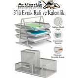 Artlantis Gümüş Gri Metal Evrak Rafı 3 Lü ve Masaüstü Kalemlik 1 Paket Masaüstü A4 Dosya 3 Katlı Düzenleyici Kağıt Tepsisi Metal - Gümüş - Gri - Standart