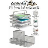 Artlantis Gümüş Gri Metal Evrak Rafı 3 Lü Ve Masaüstü Kalemlik 1 Paket Masaüstü A4 Dosya 3 Katlı Düzenleyici Kağıt Tepsisi Metal