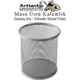 Artlantis Gümüş Gri Silindir Masa Üstü Kalemlik 1 Adet Metal Fileli Renkli Perforeli Yuvarlak Kalemlik Ofis Büro Okul