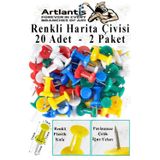 Artlantis Harita Çivisi Renkli 20 li 2 Adet Renkli Plastik Mantar Pano Raptiyesi Pano İğnesi Ofis Okul Büro Renkli Harita Çivisi