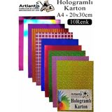 Artlantis Hologramlı Karton 20X30 cm A4 10 Renk 1 Paket Hulogramlı Fon Kartonu Kağıt Yanar Döner Parlak Hologram Okul Öncesi Kreş - Standart - Çok Renkli