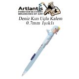 Artlantis Işıklı Deniz Kızı Uçlu Kalem 0.7 1 Adet Denizkızı Başlıklı Versatil Kalem Süslü Silikonlu Hediyelik Kalem (Mavi)