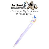 Artlantis Işıklı Unicorn Uçlu Kalem 0.7 1 Adet Unicorn Başlıklı Versatil Kalem Süslü Silikonlu Hediyelik Kalem