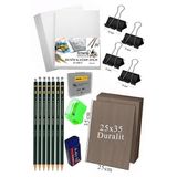 Artlantis Karakalem Eskiz Çizim Seti Duralit Seti 25x35 cm 1 Paket Resim Kağıdı Dereceli Kalem Seti Hamur Silgi Sınav Silgisi