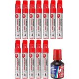 Artlantis Kırmızı 10 mm Kesik Uçlu Markör Permanent Kalem 12 Adet ve Kırmızı Mürekkep 1 Adet Çuval Koli Kalemi - Standart - 10mm