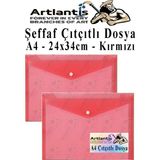 Artlantis Kırmızı A4 Çıtçıtlı Dosya Şeffaf Renkli Zarf Dosya 2 Adet Çıt Çıtlı Dosya Su Geçirmez 100 Yaprak Kapasite - 24x34 cm