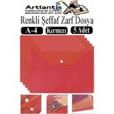 Artlantis Kırmızı A4 Çıtçıtlı Dosya Şeffaf Renkli Zarf Dosya 5 Adet Çıt Çıtlı Dosya Su Geçirmez 100 Yaprak Kapasite - 24x34 cm