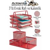 Artlantis Kırmızı Metal Evrak Rafı 3 lü ve Masaüstü Kalemlik 1 Paket Masaüstü A4 Dosya 3 Katlı Düzenleyici Kağ