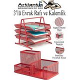 Artlantis Kırmızı Metal Evrak Rafı 3 Lü ve Masaüstü Kalemlik 1 Paket Masaüstü A4 Dosya 3 Katlı Düzenleyici Kağıt Tepsisi Metal - Standart