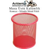 Artlantis Kırmızı Silindir Masa Üstü Kalemlik 1 Adet Metal Fileli Renkli Perforeli Yuvarlak Kalemlik Ofis Büro Okul - Standart - 9x10cm