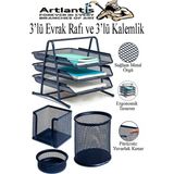 Artlantis Lacivert Metal Evrak Rafı 3 Lü ve Masaüstü Kalemlik 3 Lü 1 Paket Masaüstü A4 Dosya 3 Katlı Düzenleyici Kağıt Tepsisi - Standart