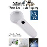 Artlantis LED Işıklı Büyüteç 75 mm 1 Adet 3x Büyütme Optik Büyüteç El Tipi Işıklı Lens Taşınabilir Okul Büro Ofis - Beyaz - Standart
