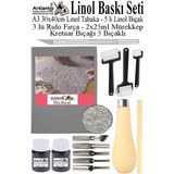 Artlantis Linol Baskı Seti 1 Paket A3 30X40 Linolyum Tabaka Gri Kretuar Linol Oyma Seti 5 Bıçaklı Rulo Fırça Mürekkep Linol Baskı - Siyah - Standart
