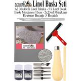 Artlantis Linol Baskı Seti 1 Paket A3 30X40 Linolyum Tabaka Gri Linol Merdane Oyma Seti 5 Bıçaklı Rulo Fırça Mürekkep Linol Baskı - Siyah - Standart