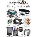 Artlantis Masa Üstü Ofis Paketi 9 Parça Metal Evrak Rafı Metal Kalemlik Zımba Makinesi Teli Delegeç Çöp Kovası Küp Notluk - Siyah - Standart