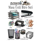 Artlantis Masa Üstü Ofis Paketi 9 Parça Metal Evrak Rafı Metal Kalemlik Zımba Makinesi Teli Delegeç Çöp Kovası
