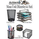 Artlantis Masa Üstü Siyah Fileli Kalemlik Çöp Kovası ve 3 Katlı Evrak Rafı 5 Parça 1 Paket 5 Li Masa Üstü Düzenleyici Kalemlik Küp Notluk Ataşlık - Standart