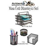 Artlantis Masa Üstü Siyah Fileli Kalemlik ve 3 Katlı Evrak Rafı 4 Parça 1 Paket 4 lü Masa Üstü Düzenleyici Kal