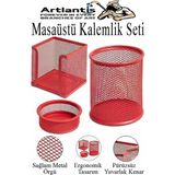 Artlantis Masaüstü Fileli Kalemlik Seti 3 Parça 1 Paket 3 Lü Masa Üstü Düzenleyici Kalemlik Küp Notluk Ataşlık - Kırmızı - Standart