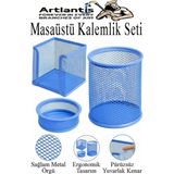 Artlantis Masaüstü Fileli Kalemlik Seti 3 Parça 1 Paket 3 Lü Masa Üstü Düzenleyici Kalemlik Küp Notluk Ataşlık - Mavi - Standart
