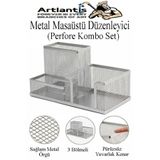 Artlantis Masaüstü Metal Kalemlik Seti 3 lü Kombo 1 Paket Fileli Perfore Renkli Kalemlik Kağıtlık Küpnotluk Dü